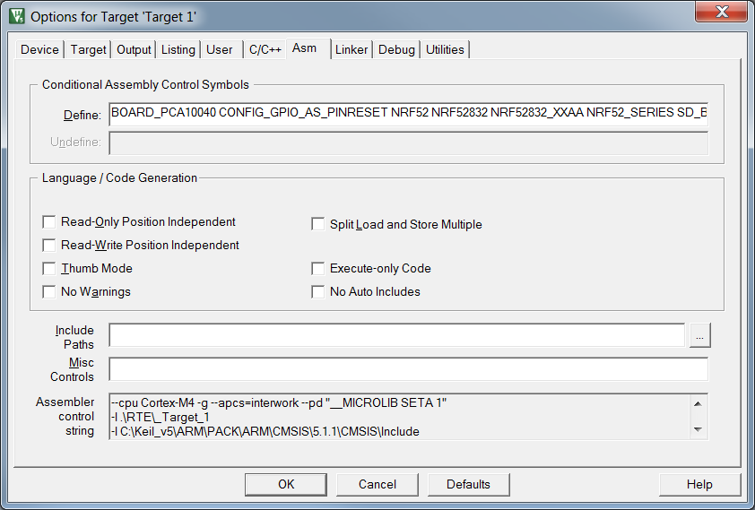 The ASM tab of the project settings