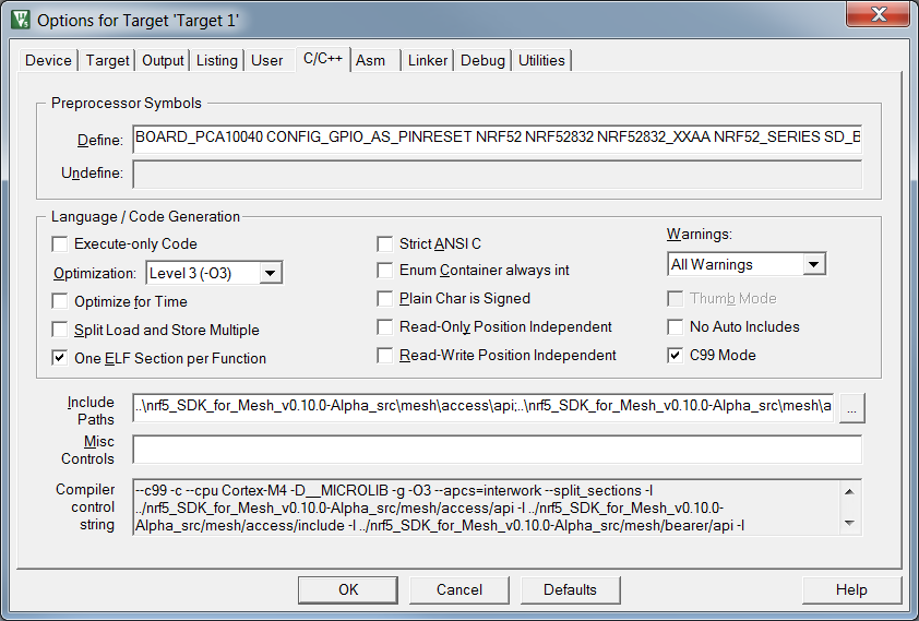 The C/C++ tab of the project settings